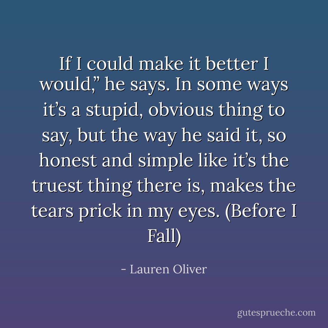 If I could make it better I would,” he says. In some ways it’s a stupid, obvious thing to say, but the way he said it, so honest and simple like it’s the truest thing there is, makes the tears prick in my eyes. (Before I Fall) - Lauren Oliver