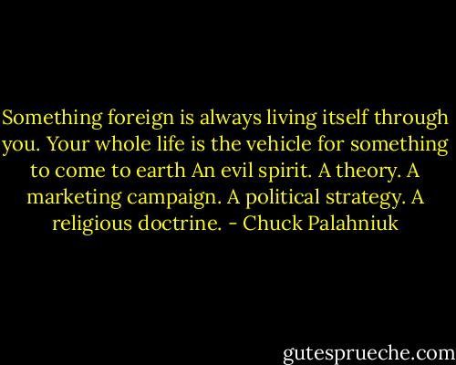 Something foreign is always living itself through you. Your whole life is the vehicle for something to come to earth An evil spirit. A theory. A<br />marketing campaign. A political strategy. A religious doctrine. - Chuck Palahniuk
