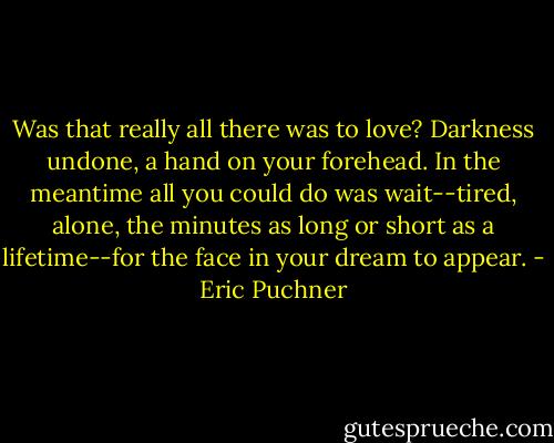 Was that really all there was to love? Darkness undone, a hand on your forehead. In the meantime all you could do was wait--tired, alone, the minutes as long or short as a lifetime--for the face in your dream to appear. - Eric Puchner