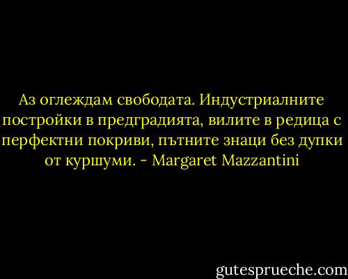Аз оглеждам свободата. Индустриалните постройки в предградията, вилите в редица с перфектни покриви, пътните знаци без дупки от куршуми. - Margaret Mazzantini