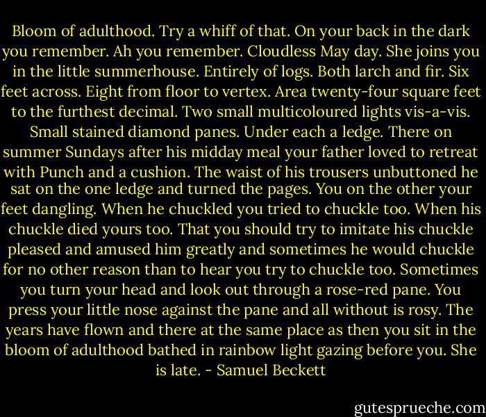 Bloom of adulthood. Try a whiff of that. On your back in the dark you remember. Ah you remember. Cloudless May day. She joins you in the little summerhouse. Entirely of logs. Both larch and fir. Six feet across. Eight from floor to vertex. Area twenty-four square feet to the furthest decimal. Two small multicoloured lights vis-a-vis. Small stained diamond panes. Under each a ledge. There on summer Sundays after his midday meal your father loved to retreat with Punch and a cushion. The waist of his trousers unbuttoned he sat on the one ledge and turned the pages. You on the other your feet dangling. When he chuckled you tried to chuckle too. When his chuckle died yours too. That you should try to imitate his chuckle pleased and amused him greatly and sometimes he would chuckle for no other reason than to hear you try to chuckle too. Sometimes you turn your head and look out through a rose-red pane. You press your little nose against the pane and all without is rosy. The years have flown and there at the same place as then you sit in the bloom of adulthood bathed in rainbow light gazing before you. She is late. - Samuel Beckett