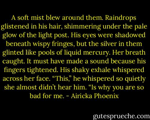 A soft mist blew around them. Raindrops glistened in his hair, shimmering under the pale glow of the light post. His eyes were shadowed beneath wispy fringes, but the silver in them glinted like pools of liquid mercury. Her breath caught. It must have made a sound because his fingers tightened. His shaky exhale whispered across her face.<br />“This,” he whispered so quietly she almost didn’t hear him. “Is why you are so bad for me. - Airicka Phoenix