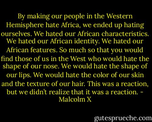By making our people in the Western Hemisphere hate Africa, we ended up hating ourselves. We hated our African characteristics. We hated our African identity. We hated our African features. So much so that you would find those of us in the West who would hate the shape of our nose. We would hate the shape of our lips. We would hate the color of our skin and the texture of our hair. This was a reaction, but we didn’t realize that it was a reaction. - Malcolm X