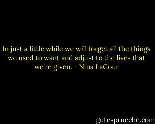 In just a little while we will forget all the things we used to want and adjust to the lives that we're given. - Nina LaCour