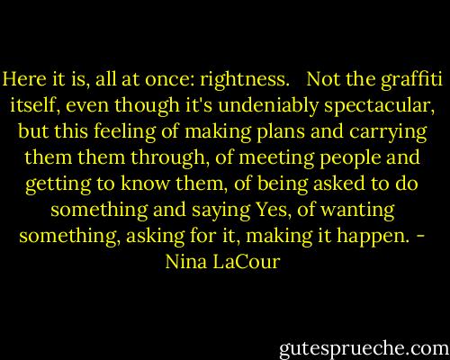Here it is, all at once: rightness. <br /><br />Not the graffiti itself, even though it's undeniably spectacular, but this feeling of making plans and carrying them them through, of meeting people and getting to know them, of being asked to do something and saying Yes, of wanting something, asking for it, making it happen. - Nina LaCour