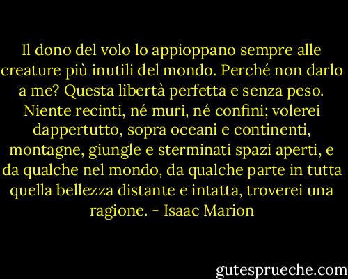 Il dono del volo lo appioppano sempre alle creature più inutili del mondo. Perché non darlo a me? Questa libertà perfetta e senza peso. Niente recinti, né muri, né confini; volerei dappertutto, sopra oceani e continenti, montagne, giungle e sterminati spazi aperti, e da qualche nel mondo, da qualche parte in tutta quella bellezza distante e intatta, troverei una ragione. - Isaac Marion