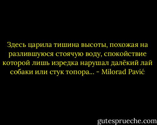 Здесь царила тишина высоты, похожая на разлившуюся стоячую воду, спокойствие которой лишь изредка нарушал далёкий лай собаки или стук топора... - Milorad Pavić
