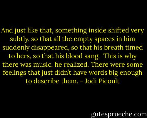 And just like that, something inside shifted very subtly, so that all the empty spaces in him suddenly disappeared, so that his breath timed to hers, so that his blood sang. <br />This is why there was music, he realized. There were some feelings that just didn’t have words big enough to describe them. - Jodi Picoult