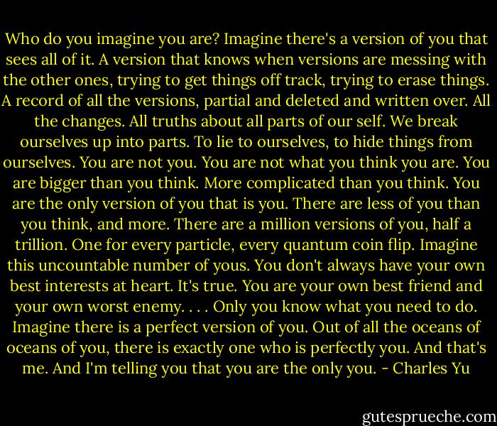 Who do you imagine you are? Imagine there's a version of you that sees all of it. A version that knows when versions are messing with the other ones, trying to get things off track, trying to erase things. A record of all the versions, partial and deleted and written over. All the changes. All truths about all parts of our self. We break ourselves up into parts. To lie to ourselves, to hide things from ourselves. You are not you. You are not what you think you are. You are bigger than you think. More complicated than you think. You are the only version of you that is you. There are less of you than you think, and more. There are a million versions of you, half a trillion. One for every particle, every quantum coin flip. Imagine this uncountable number of yous. You don't always have your own best interests at heart. It's true. You are your own best friend and your own worst enemy. . . . Only you know what you need to do. Imagine there is a perfect version of you. Out of all the oceans of oceans of you, there is exactly one who is perfectly you. And that's me. And I'm telling you that you are the only you. - Charles Yu