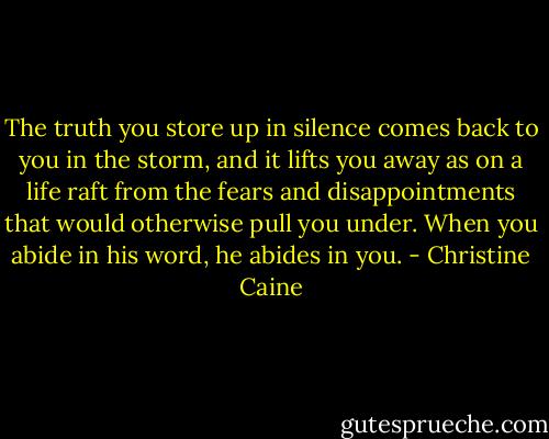 The truth you store up in silence comes back to you in the storm, and it lifts you away as on a life raft from the fears and disappointments that would otherwise pull you under. When you abide in his word, he abides in you. - Christine Caine