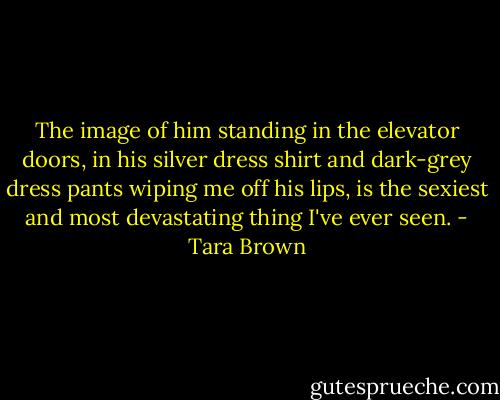 The image of him standing in the elevator doors, in his silver dress shirt and dark-grey dress pants wiping me off his lips, is the sexiest and most devastating thing I've ever seen. - Tara Brown