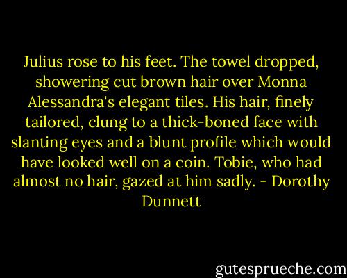 Julius rose to his feet. The towel dropped, showering cut brown hair over Monna Alessandra's elegant tiles. His hair, finely tailored, clung to a thick-boned face with slanting eyes and a blunt profile which would have looked well on a coin. Tobie, who had almost no hair, gazed at him sadly. - Dorothy Dunnett