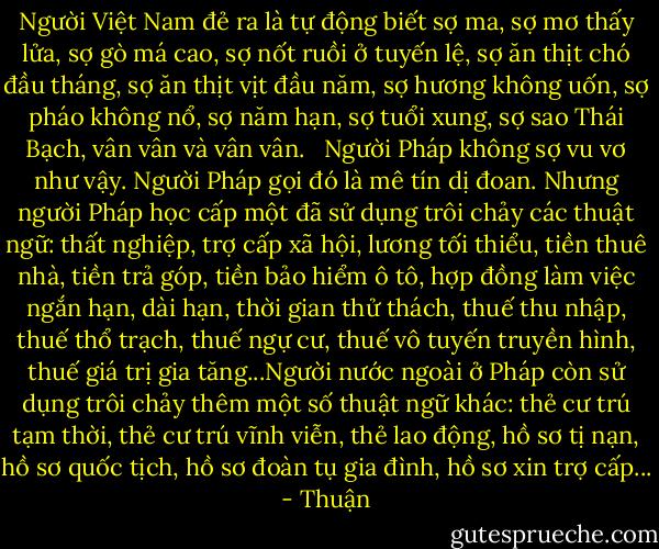 Người Việt Nam đẻ ra là tự động biết sợ ma, sợ mơ thấy lửa, sợ gò má cao, sợ nốt ruồi ở tuyến lệ, sợ ăn thịt chó đầu tháng, sợ ăn thịt vịt đầu năm, sợ hương không uốn, sợ pháo không nổ, sợ năm hạn, sợ tuổi xung, sợ sao Thái Bạch, vân vân và vân vân. <br /><br />Người Pháp không sợ vu vơ như vậy. Người Pháp gọi đó là mê tín dị đoan. Nhưng người Pháp học cấp một đã sử dụng trôi chảy các thuật ngữ: thất nghiệp, trợ cấp xã hội, lương tối thiểu, tiền thuê nhà, tiền trả góp, tiền bảo hiểm ô tô, hợp đồng làm việc ngắn hạn, dài hạn, thời gian thử thách, thuế thu nhập, thuế thổ trạch, thuế ngự cư, thuế vô tuyến truyền hình, thuế giá trị gia tăng...Người nước ngoài ở Pháp còn sử dụng trôi chảy thêm một số thuật ngữ khác: thẻ cư trú tạm thời, thẻ cư trú vĩnh viễn, thẻ lao động, hồ sơ tị nạn, hồ sơ quốc tịch, hồ sơ đoàn tụ gia đình, hồ sơ xin trợ cấp... - Thuận