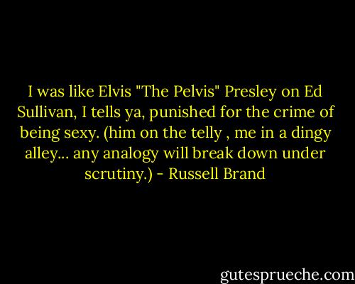 I was like Elvis "The Pelvis" Presley on Ed Sullivan, I tells ya, punished for the crime of being sexy. (him on the telly , me in a dingy alley... any analogy will break down under scrutiny.) - Russell Brand