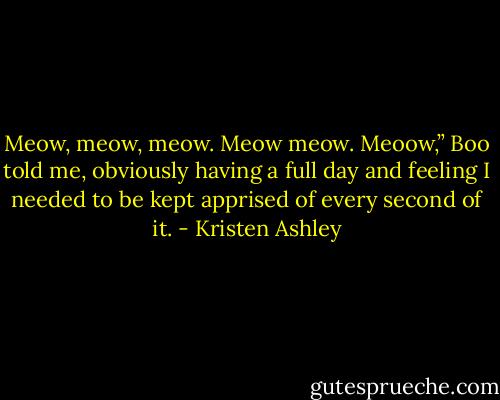 Meow, meow, meow. Meow meow. Meoow,” Boo told me, obviously having a full day and feeling I needed to be kept apprised of every second of it. - Kristen Ashley