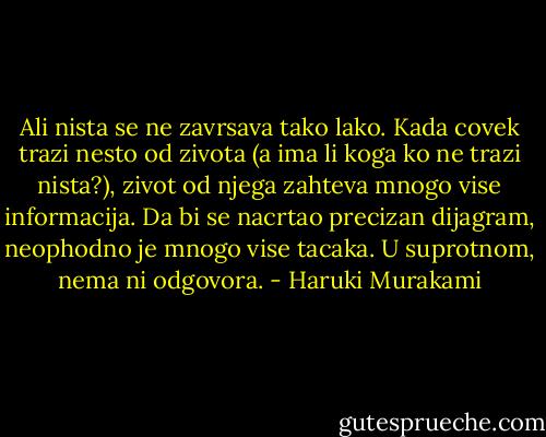 Ali nista se ne zavrsava tako lako. Kada covek trazi nesto od zivota (a ima li koga ko ne trazi nista?), zivot od njega zahteva mnogo vise informacija. Da bi se nacrtao precizan dijagram, neophodno je mnogo vise tacaka. U suprotnom, nema ni odgovora. - Haruki Murakami