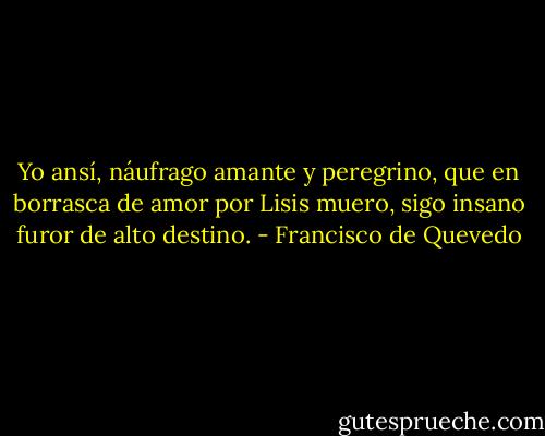 Yo ansí, náufrago amante y peregrino,<br />que en borrasca de amor por Lisis muero,<br />sigo insano furor de alto destino. - Francisco de Quevedo