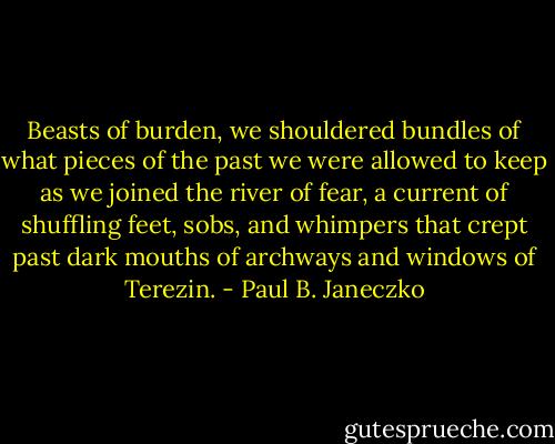 Beasts of burden, we shouldered bundles of what pieces of the past we were allowed to keep as we joined the river of fear, a current of shuffling feet, sobs, and whimpers that crept past dark mouths of archways and windows of Terezin. - Paul B. Janeczko