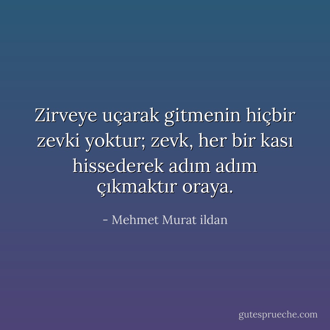 Zirveye uçarak gitmenin hiçbir zevki yoktur; zevk, her bir kası hissederek adım adım çıkmaktır oraya. - Mehmet Murat ildan