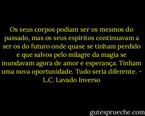 Os seus corpos podiam ser os mesmos do passado, mas os seus espíritos continuavam a ser os do futuro onde quase se tinham perdido e que salvos pelo milagre da magia se inundavam agora de amor e esperança. Tinham uma nova oportunidade. Tudo seria diferente. - L.C. Lavado Inverso