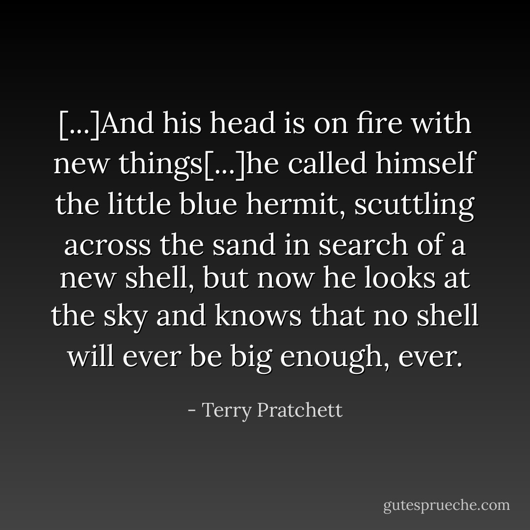 [...]And his head is on fire with new things[...]he called himself the little blue hermit, scuttling across the sand in search of a new shell, but now he looks at the sky and knows that no shell will ever be big enough, ever. - Terry Pratchett