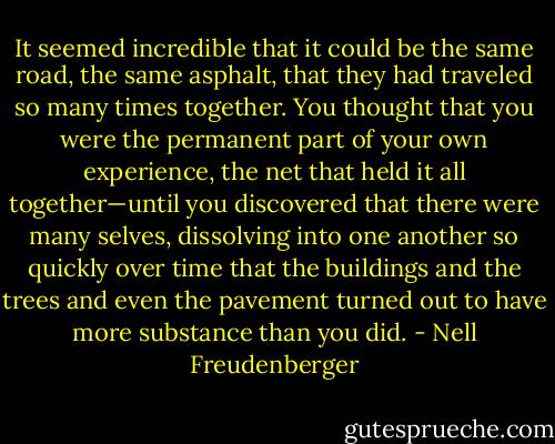 It seemed incredible that it could be the same road, the same asphalt, that they had traveled so many times together. You thought that you were the permanent part of your own experience, the net that held it all together—until you discovered that there were many selves, dissolving into one another so quickly over time that the buildings and the trees and even the pavement turned out to have more substance than you did. - Nell Freudenberger