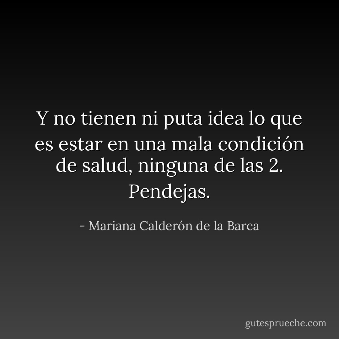 Y no tienen ni puta idea lo que es estar en una mala condición de salud, ninguna de las 2. Pendejas. - Mariana Calderón de la Barca