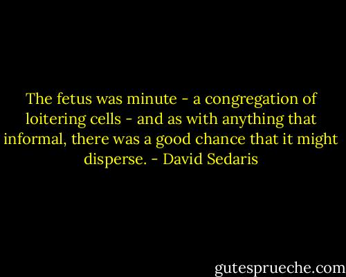 The fetus was minute - a congregation of loitering cells - and as with anything that informal, there was a good chance that it might disperse. - David Sedaris