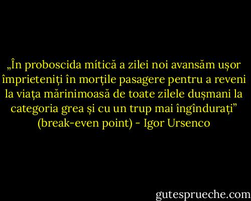 „În proboscida mítică a zilei noi avansăm ușor împrieteniți în morțile pasagere pentru a reveni la viața mărinimoasă de toate zilele dușmani la categoria grea și cu un trup mai îngîndurați” (break-even point) - Igor Ursenco