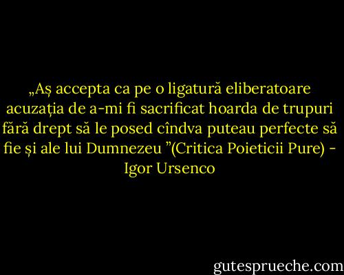 „Aș accepta ca pe o ligatură eliberatoare acuzația de a-mi fi sacrificat hoarda de trupuri fără drept să le posed cîndva puteau perfecte să fie și ale lui Dumnezeu ”(Critica Poieticii Pure) - Igor Ursenco