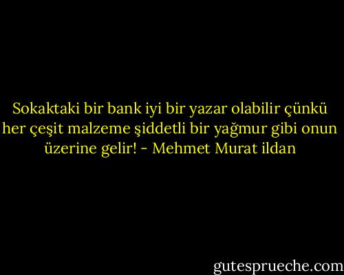 Sokaktaki bir bank iyi bir yazar olabilir çünkü her çeşit malzeme şiddetli bir yağmur gibi onun üzerine gelir! - Mehmet Murat ildan