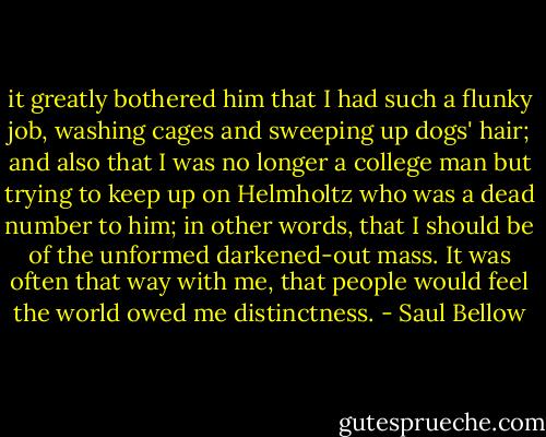 it greatly bothered him that I had such a flunky job, washing cages and sweeping up dogs' hair; and also that I was no longer a college man but trying to keep up on Helmholtz who was a dead number to him; in other words, that I should be of the unformed darkened-out mass. It was often that way with me, that people would feel the world owed me distinctness. - Saul Bellow