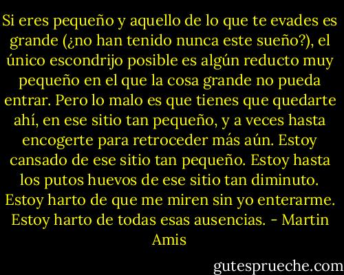 Si eres pequeño y aquello de lo que te evades es grande (¿no han tenido nunca este sueño?), el único escondrijo posible es algún reducto muy pequeño en el que la cosa grande no pueda entrar. Pero lo malo es que tienes que quedarte ahí, en ese sitio tan pequeño, y a veces hasta encogerte para retroceder más aún. Estoy cansado de ese sitio tan pequeño. Estoy hasta los putos huevos de ese sitio tan diminuto. Estoy harto de que me miren sin yo enterarme. Estoy harto de todas esas ausencias. - Martin Amis