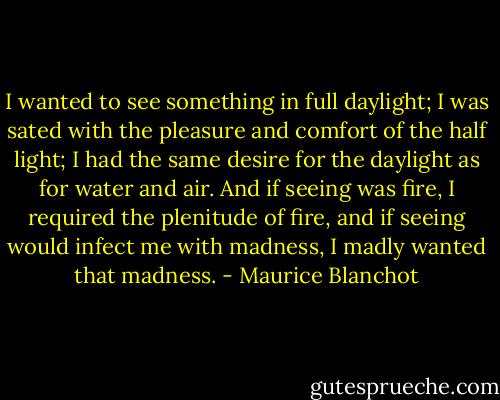 I wanted to see something in full daylight; I was sated with the pleasure and comfort of the half light; I had the same desire for the daylight as for water and air. And if seeing was fire, I required the plenitude of fire, and if seeing would infect me with madness, I madly wanted that madness. - Maurice Blanchot