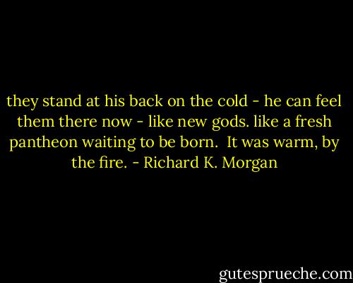they stand at his back on the cold - he can feel them there now - like new gods. like a fresh pantheon waiting to be born.<br /><br />It was warm, by the fire. - Richard K. Morgan