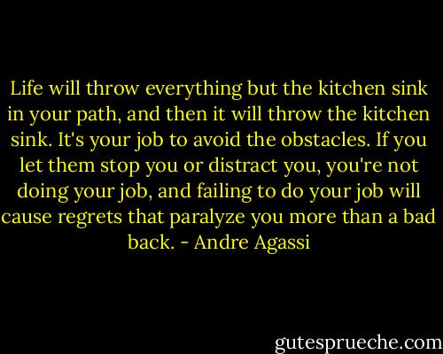 Life will throw everything but the kitchen sink in your path, and then it will throw the kitchen sink. It's your job to avoid the obstacles. If you let them stop you or distract you, you're not doing your job, and failing to do your job will cause regrets that paralyze you more than a bad back. - Andre Agassi