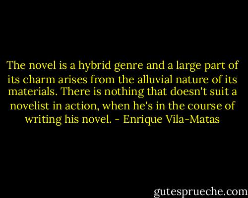 The novel is a hybrid genre and a large part of its charm arises from the alluvial nature of its materials. There is nothing that doesn't suit a novelist in action, when he's in the course of writing his novel. - Enrique Vila-Matas