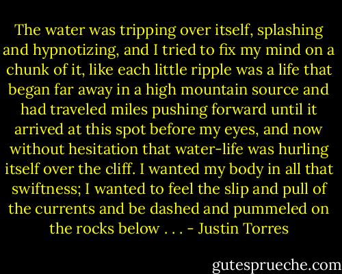 The water was tripping over itself, splashing and hypnotizing, and I tried to fix my mind on a chunk of it, like each little ripple was a life that began far away in a high mountain source and had traveled miles pushing forward until it arrived at this spot before my eyes, and now without hesitation that water-life was hurling itself over the cliff. I wanted my body in all that swiftness; I wanted to feel the slip and pull of the currents and be dashed and pummeled on the rocks below . . . - Justin Torres