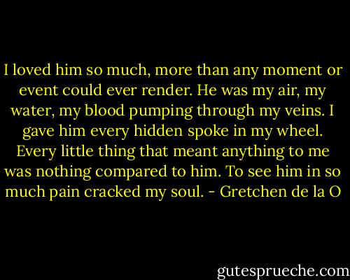 I loved him so much, more than any moment or event could ever render. He was my air, my water, my blood pumping through my veins. I gave him every hidden spoke in my wheel. Every little thing that meant anything to me was nothing compared to him. To see him in so much pain cracked my soul. - Gretchen de la O