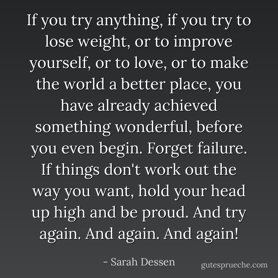 If you try anything, if you try to lose weight, or to improve yourself, or to love, or to make the world a better place, you have already achieved something wonderful, before you even begin. Forget failure. If things don't work out the way you want, hold your head up high and be proud. And try again. And again. And again! - Sarah Dessen