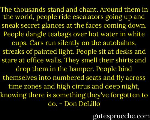 The thousands stand and chant. Around them in the world, people ride escalators going up and sneak secret glances at the faces coming down. People dangle teabags over hot water in white cups. Cars run silently on the autobahns, streaks of painted light. People sit at desks and stare at office walls. They smell their shirts and drop them in the hamper. People bind themselves into numbered seats and fly across time zones and high cirrus and deep night, knowing there is something they've forgotten to do. - Don DeLillo