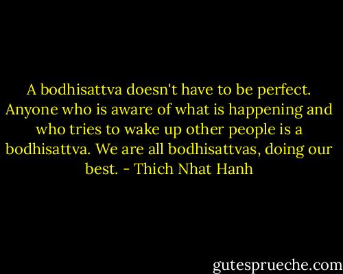 A bodhisattva doesn't have to be perfect. Anyone who is aware of what is happening and who tries to wake up other people is a bodhisattva. We are all bodhisattvas, doing our best. - Thich Nhat Hanh