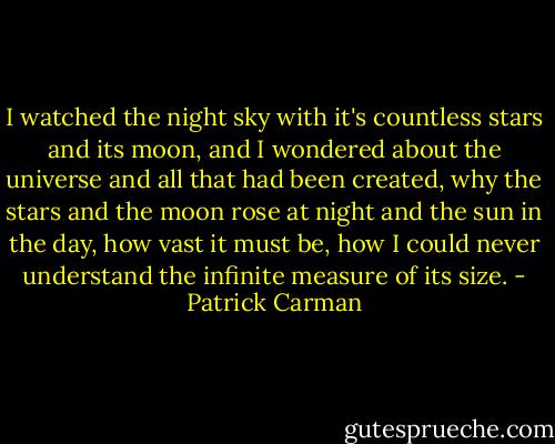 I watched the night sky with it's countless stars and its moon, and I wondered about the universe and all that had been created, why the stars and the moon rose at night and the sun in the day, how vast it must be, how I could never understand the infinite measure of its size. - Patrick Carman