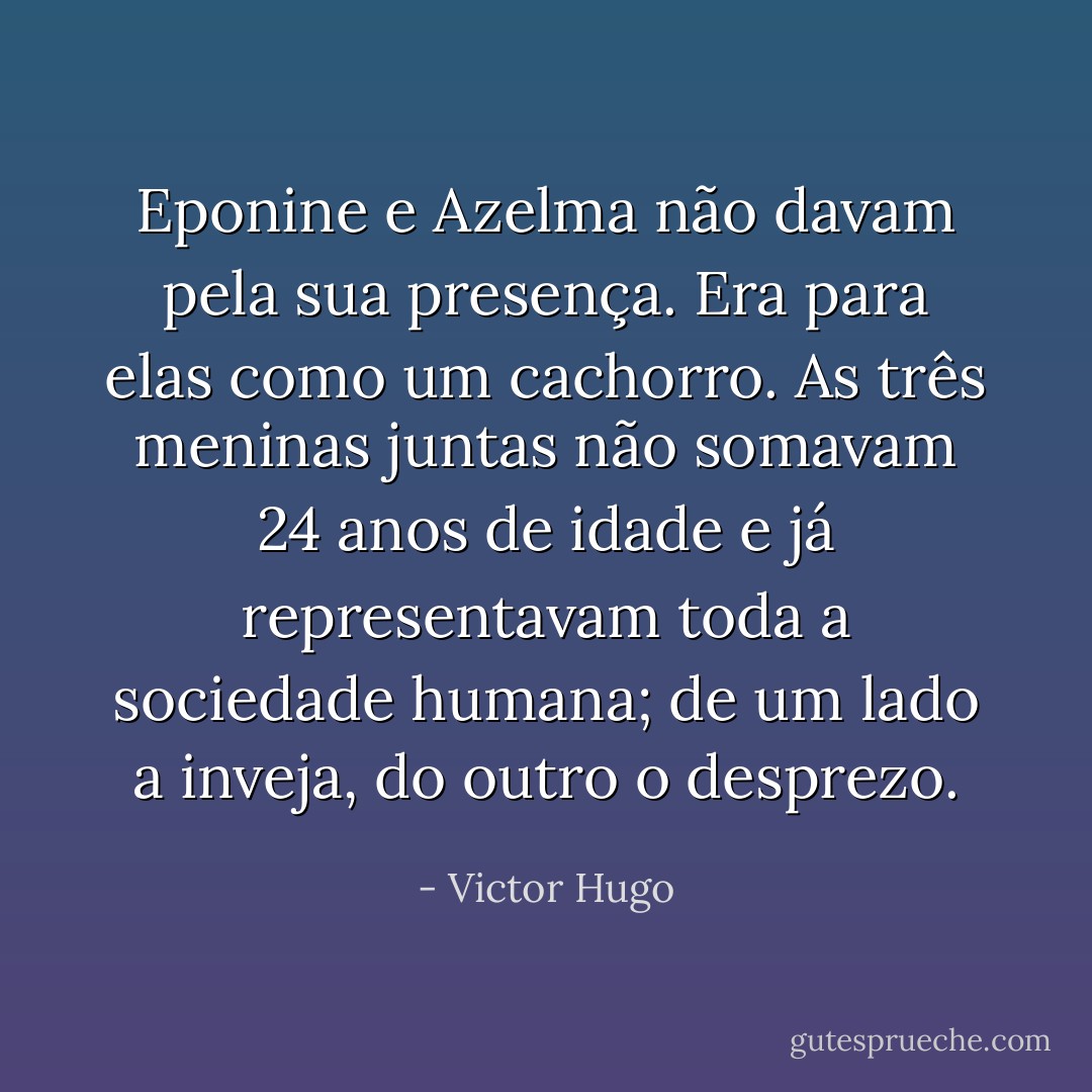 Eponine e Azelma não davam pela sua presença. Era para elas como um cachorro. As três meninas juntas não somavam 24 anos de idade e já representavam toda a sociedade humana; de um lado a inveja, do outro o desprezo. - Victor Hugo