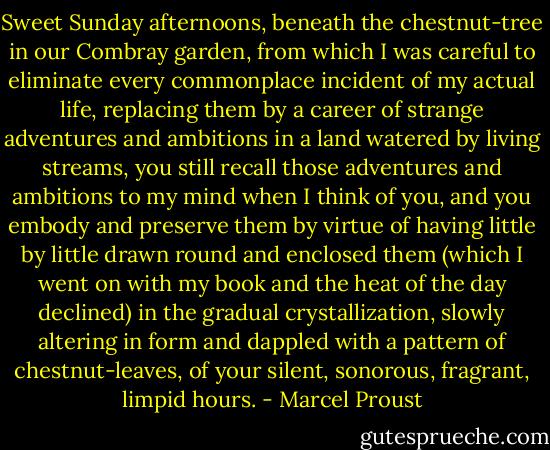 Sweet Sunday afternoons, beneath the chestnut-tree in our Combray garden, from which I was careful to eliminate every commonplace incident of my actual life, replacing them by a career of strange adventures and ambitions in a land watered by living streams, you still recall those adventures and ambitions to my mind when I think of you, and you embody and preserve them by virtue of having little by little drawn round and enclosed them (which I went on with my book and the heat of the day declined) in the gradual crystallization, slowly altering in form and dappled with a pattern of chestnut-leaves, of your silent, sonorous, fragrant, limpid hours. - Marcel Proust
