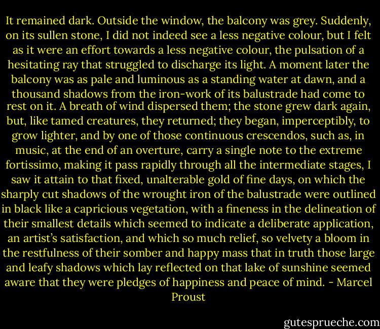 It remained dark. Outside the window, the balcony was grey. Suddenly, on its sullen stone, I did not indeed see a less negative colour, but I felt as it were an effort towards a less negative colour, the pulsation of a hesitating ray that struggled to discharge its light. A moment later the balcony was as pale and luminous as a standing water at dawn, and a thousand shadows from the iron-work of its balustrade had come to rest on it. A breath of wind dispersed them; the stone grew dark again, but, like tamed creatures, they returned; they began, imperceptibly, to grow lighter, and by one of those continuous crescendos, such as, in music, at the end of an overture, carry a single note to the extreme fortissimo, making it pass rapidly through all the intermediate stages, I saw it attain to that fixed, unalterable gold of fine days, on which the sharply cut shadows of the wrought iron of the balustrade were outlined in black like a capricious vegetation, with a fineness in the delineation of their smallest details which seemed to indicate a deliberate application, an artist’s satisfaction, and which so much relief, so velvety a bloom in the restfulness of their somber and happy mass that in truth those large and leafy shadows which lay reflected on that lake of sunshine seemed aware that they were pledges of happiness and peace of mind. - Marcel Proust