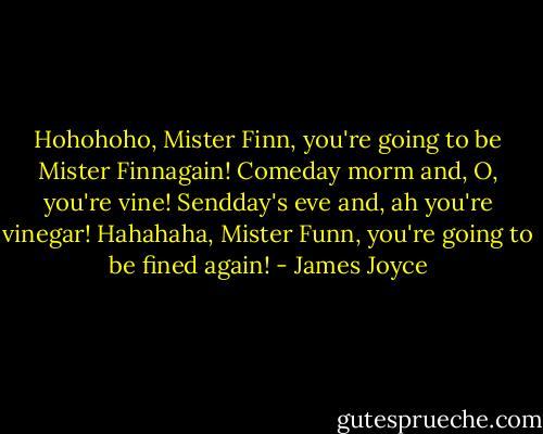 Hohohoho, Mister Finn, you're going to be Mister Finnagain! Comeday morm and, O, you're vine! Sendday's eve and, ah you're vinegar! Hahahaha, Mister Funn, you're going to be fined again! - James Joyce