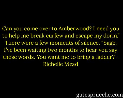 Can you come over to Amberwood? I need you to help me break curfew and escape my dorm.”<br />There were a few moments of silence. “Sage, I’ve been waiting two months to hear you say those words. You want me to bring a ladder? - Richelle Mead