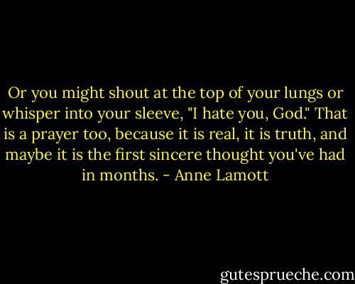 Or you might shout at the top of your lungs or whisper into your sleeve, "I hate you, God." That is a prayer too, because it is real, it is truth, and maybe it is the first sincere thought you've had in months. - Anne Lamott