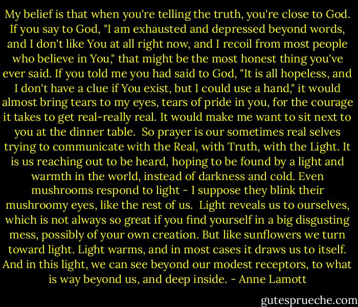 My belief is that when you're telling the truth, you're close to God. If you say to God, "I am exhausted and depressed beyond words, and I don't like You at all right now, and I recoil from most people who believe in You," that might be the most honest thing you've ever said. If you told me you had said to God, "It is all hopeless, and I don't have a clue if You exist, but I could use a hand," it would almost bring tears to my eyes, tears of pride in you, for the courage it takes to get real-really real. It would make me want to sit next to you at the dinner table.<br /><br />So prayer is our sometimes real selves trying to communicate with the Real, with Truth, with the Light. It is us reaching out to be heard, hoping to be found by a light and warmth in the world, instead of darkness and cold. Even mushrooms respond to light - I suppose they blink their mushroomy eyes, like the rest of us.<br /><br />Light reveals us to ourselves, which is not always so great if you find yourself in a big disgusting mess, possibly of your own creation. But like sunflowers we turn toward light. Light warms, and in most cases it draws us to itself. And in this light, we can see beyond our modest receptors, to what is way beyond us, and deep inside. - Anne Lamott